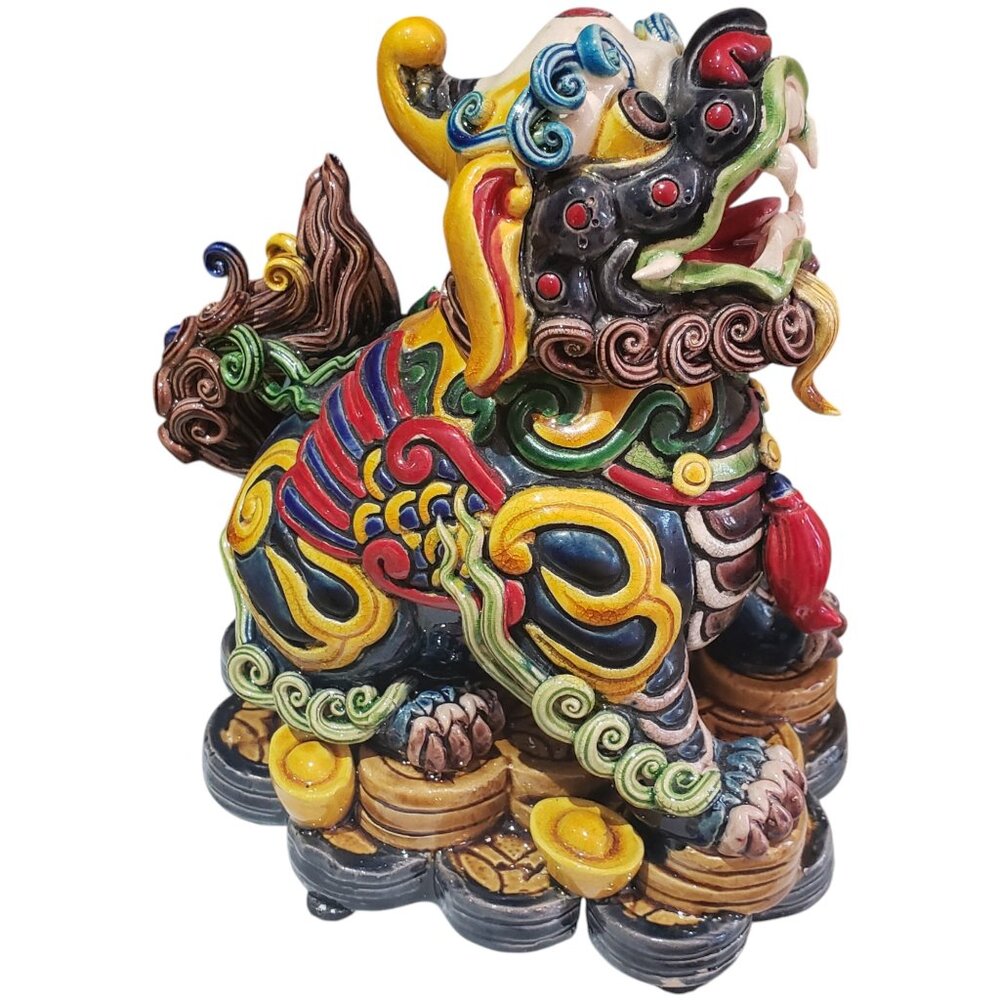 Colourful Ceramic Foo Dog Statue – Feng Shui Guardian Lion –Stamped Decor